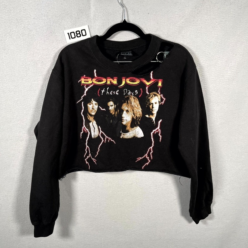 Bon Jovi These Days Tour Crop Sweatshirt Womens Small Black Graphic Fleece Lined